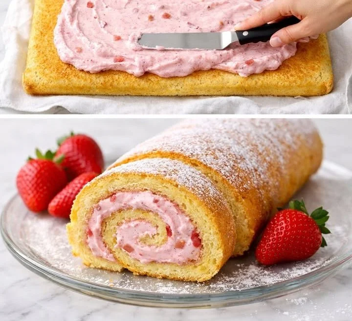 Erdbeer-Biskuitrolle mit frischen Erdbeeren auf einem weißen Teller