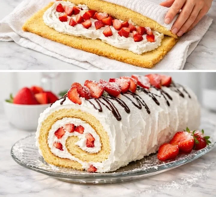 Erdbeer-Biskuitrolle mit frischen Erdbeeren und cremefüllung auf einem Teller.