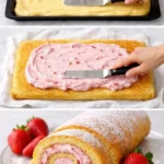 Erdbeer-Biskuitrolle mit frischen Erdbeeren und Sahnefüllung