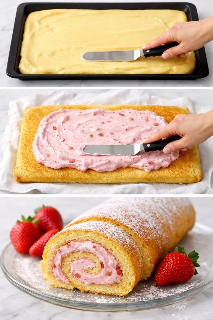 Erdbeer-Biskuitrolle mit frischen Erdbeeren und Sahnefüllung