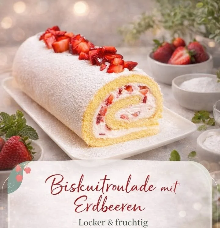 Erdbeer-Biskuitroulade auf einem weißen Teller mit Erdbeeren garniert