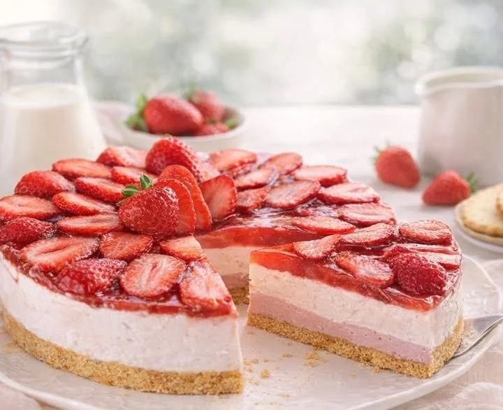 Leckerer Erdbeer-Cheesecake mit frischen Erdbeeren und cremigem Käsebelag
