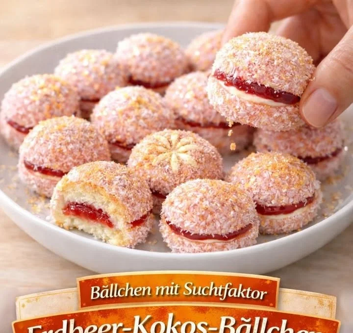 Leckere Erdbeer-Kokos-Bällchen auf einem Holzbrett