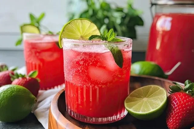 Erfrischende Erdbeer-Limonade in einem Glas mit frischen Erdbeeren