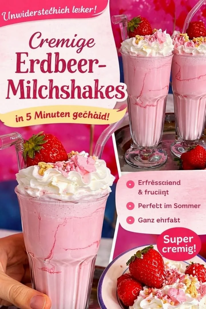 Leckerer Erdbeer-Milchshake in einem Glas mit frischen Erdbeeren