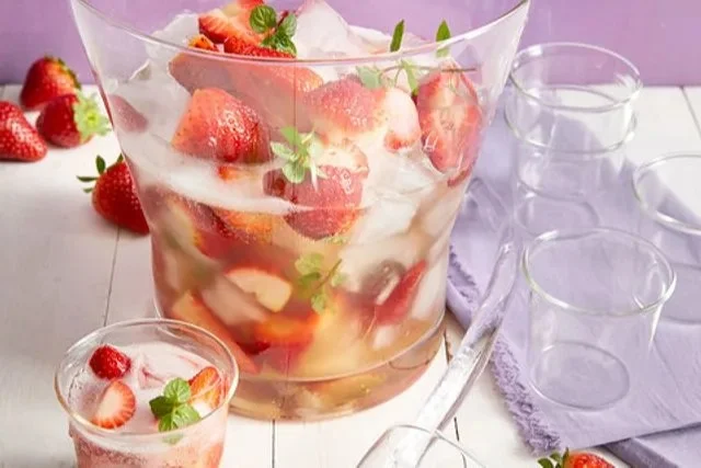 Glas Erdbeer-Punsch mit frischen Erdbeeren und Minze