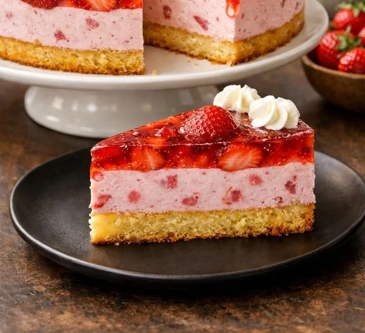 Leckere Erdbeer-Quark-Torte auf einem Teller, dekoriert mit frischen Erdbeeren
