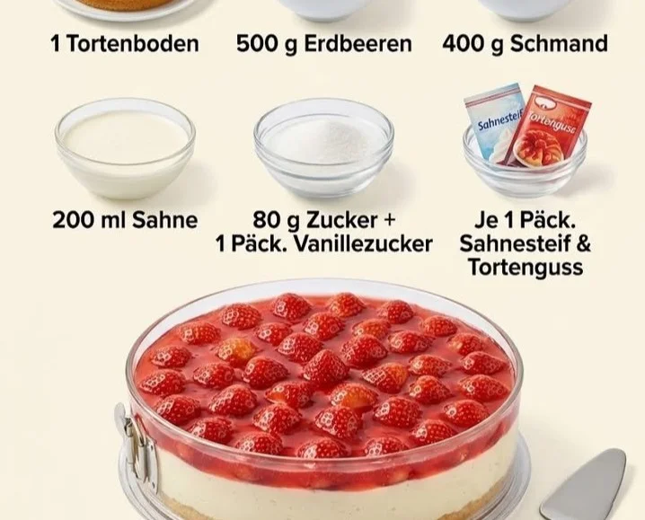 Erdbeer-Schmand-Torte mit frischen Erdbeeren und Sahne