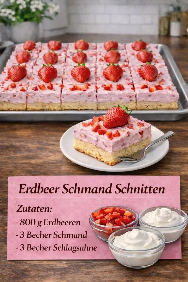 Leckere Erdbeer Schnitten auf einem weißen Teller