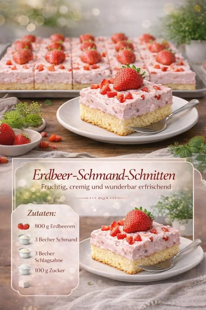 Leckere Erdbeer-Schnitten auf einem Teller, dekoriert mit frischen Erdbeeren.