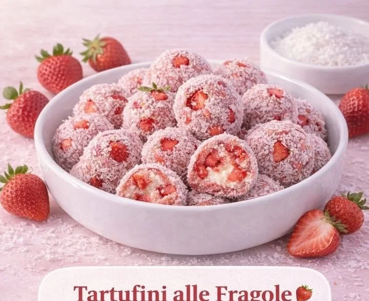 Erdbeer-Tartufini mit frischen Erdbeeren und Schokolade auf einem Teller.