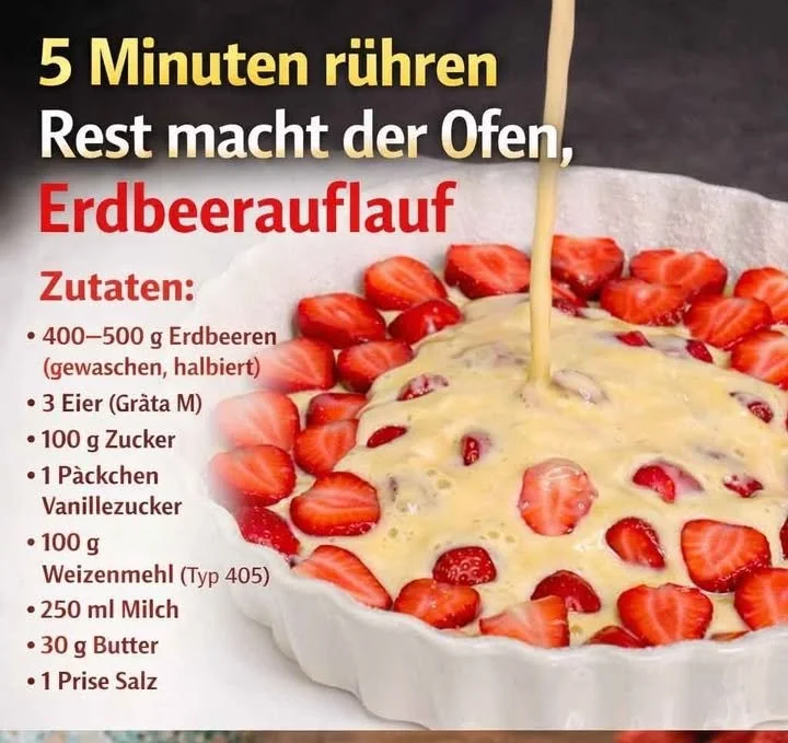 Delikater Erdbeerauflauf mit frischen Erdbeeren und cremiger Vanillesoße