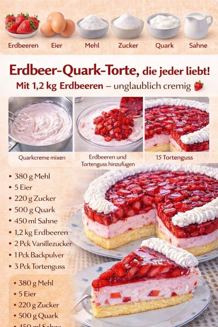 Leckerer Erdbeerkuchen mit frischen Erdbeeren und Sahne auf einem Kuchenboden.