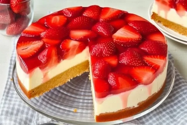 Erdbeerkuchen mit Sauerrahm-Vanillecreme auf einem Teller serviert