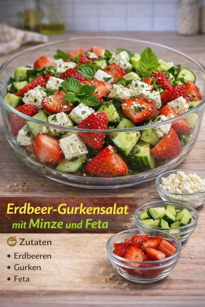 Erdbeersalat mit Feta und frischer Minze in einer Schüssel serviert