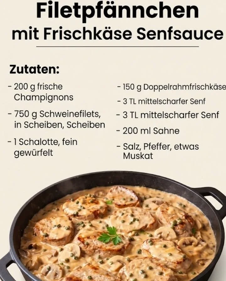 Filetpfännchen mit Frischkäse-Senfsauce auf einem Teller
