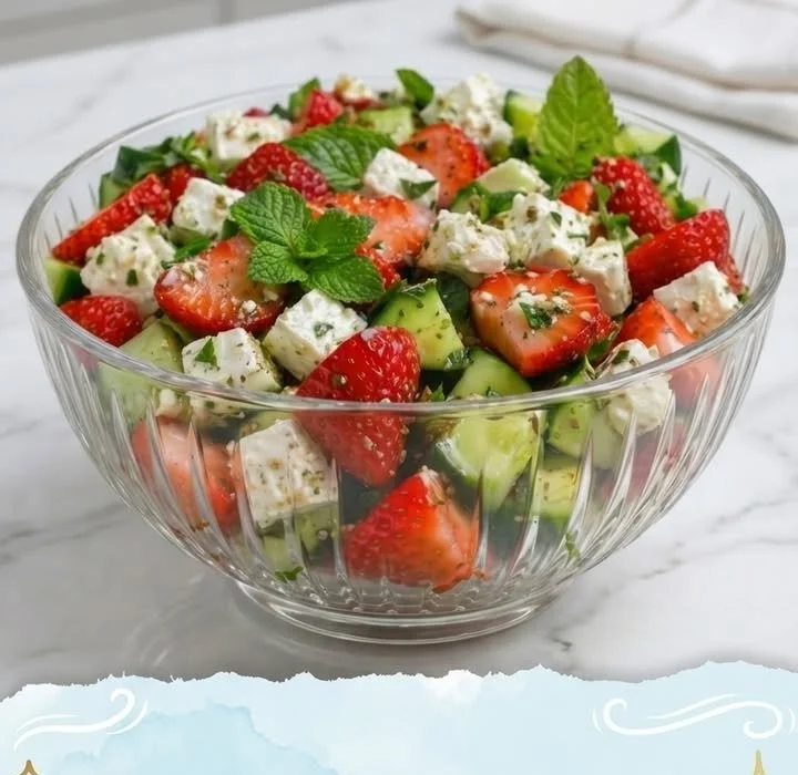 Frischer Erdbeer Gurken Feta Salat mit bunten Zutaten in einer Schüssel