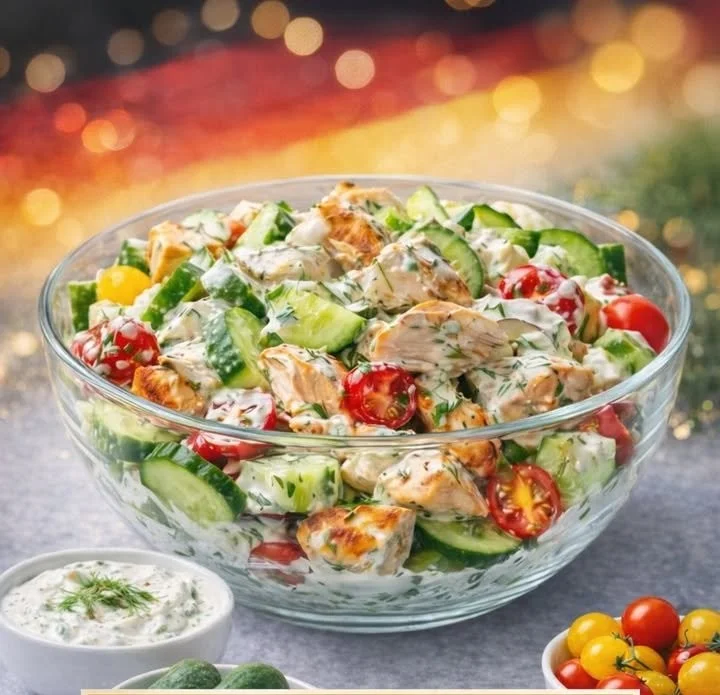 Frischer Salat mit Hähnchen und hausgemachtem Tzatziki-Dip