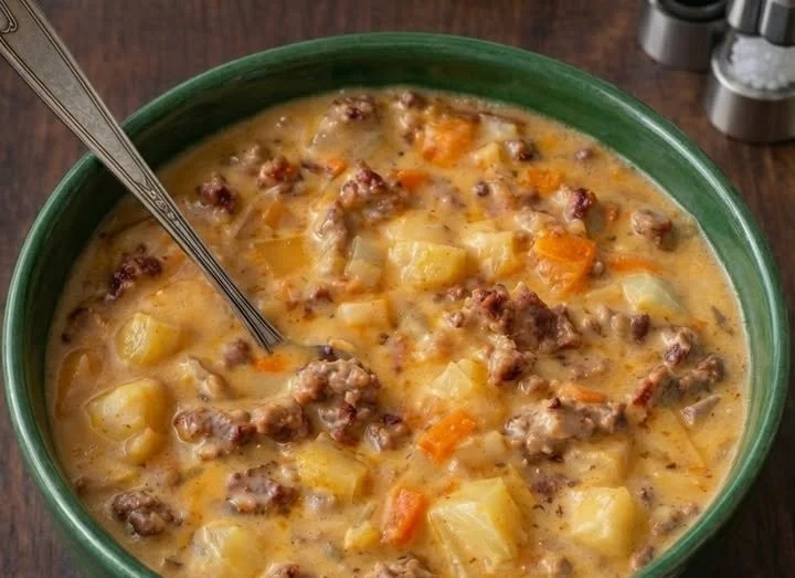 Eine Schüssel Friss-dich-dumm-Suppe mit frischen Zutaten und Gewürzen.