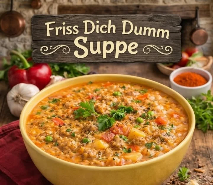 Schüssel mit frisch zubereiteter Friss-Dich-Dumm-Suppe auf einem Tisch.