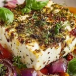 Gebratener Feta im griechischen Stil auf einem Teller serviert