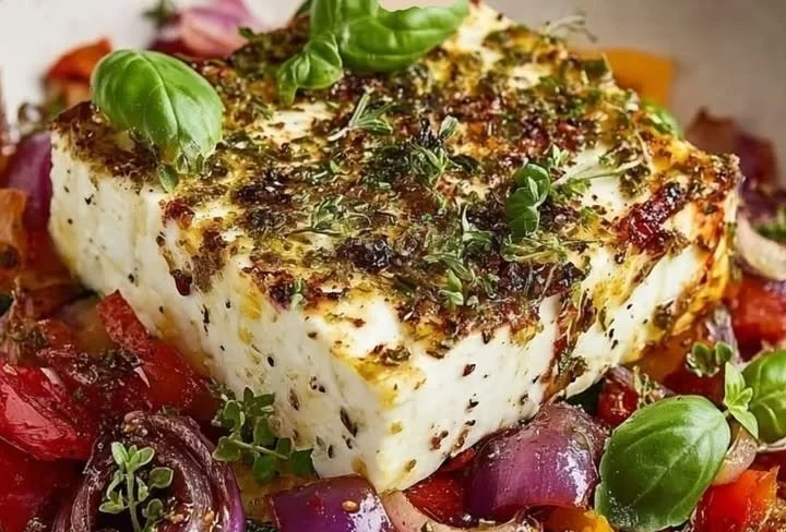 Gebratener Feta im griechischen Stil auf einem Teller serviert