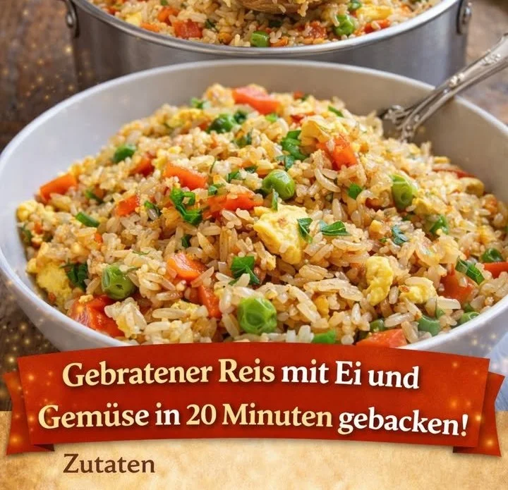 Gebratener Reis mit Ei und frischem Gemüse auf einem Teller
