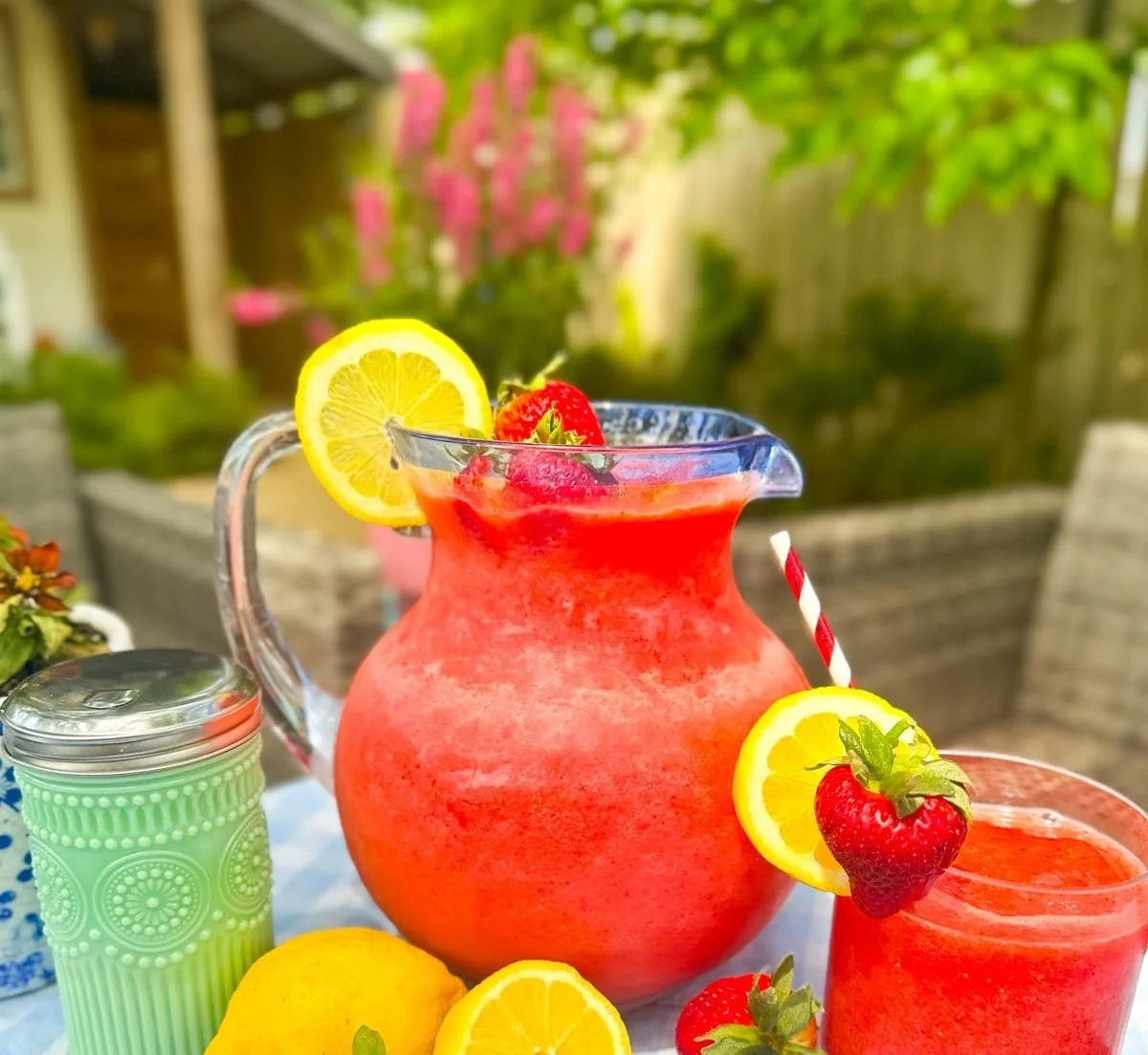 Ein Glas gefrorene Erdbeer-Limonade mit frischen Erdbeeren und Eiswürfeln