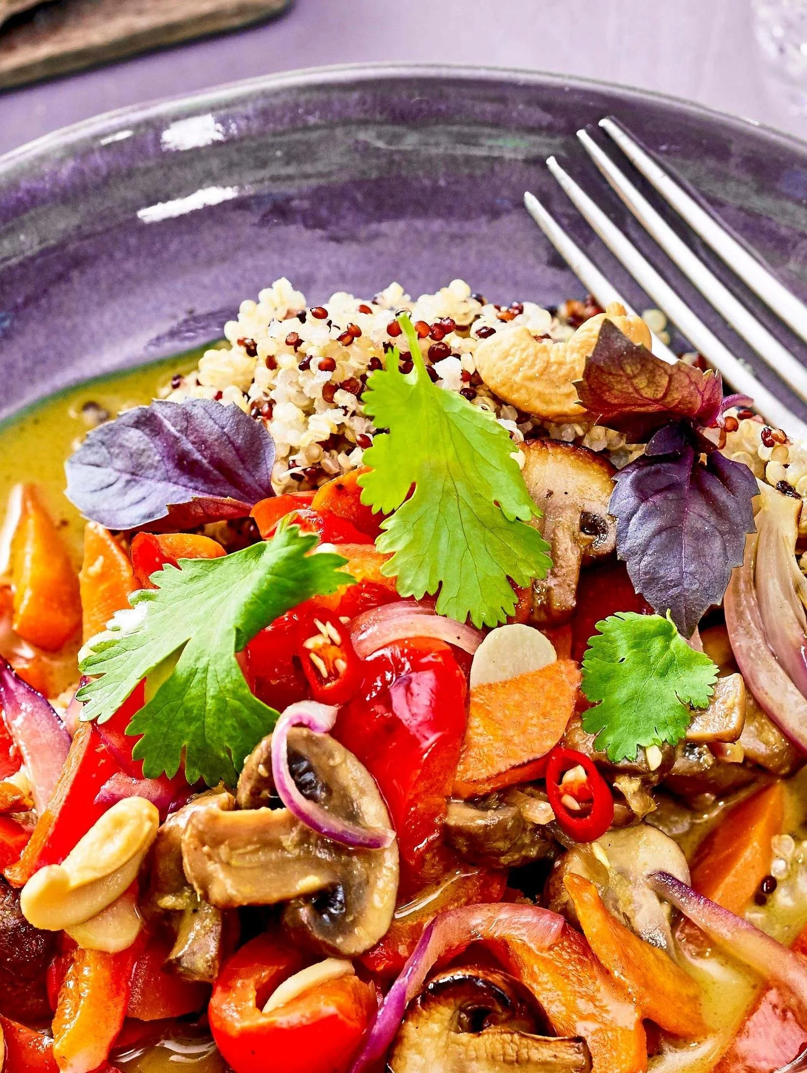 Gelbes Thai-Curry serviert mit bunter Quinoa auf einem Teller.