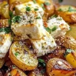 Geröstete Kartoffeln mit Feta und Knoblauch auf einem Teller