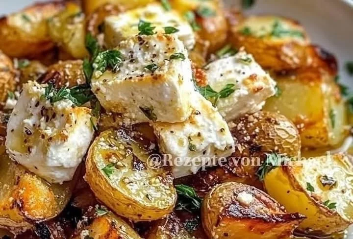 Geröstete Kartoffeln mit Feta und Knoblauch auf einem Teller