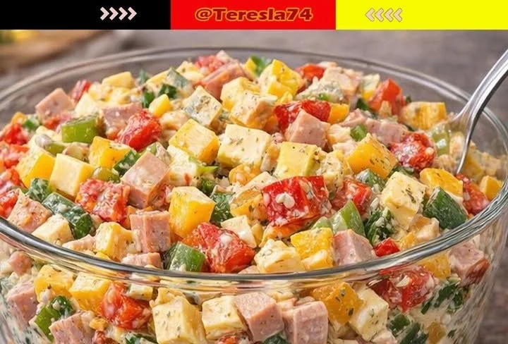 Goudasalat mit Paprika und Fleischwurst auf einem Teller serviert