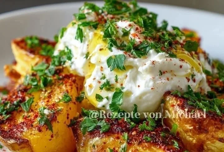 Griechische Ofenkartoffeln mit geschlagenem Feta im Ofen zubereitet