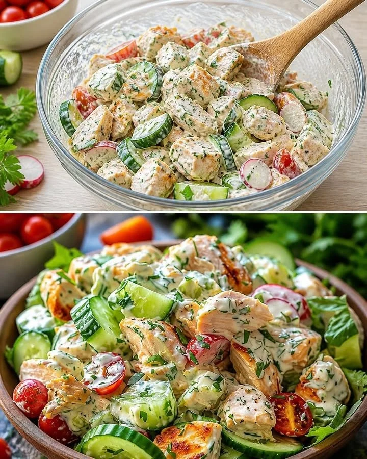 Griechischer Hähnchen Tzatziki Salat mit frischem Gemüse und Tzatziki-Sauce