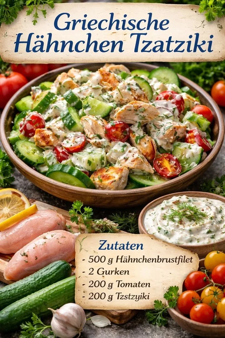 Griechischer Hähnchen-Tzatziki-Salat mit frischem Gemüse und Joghurt-Dressing