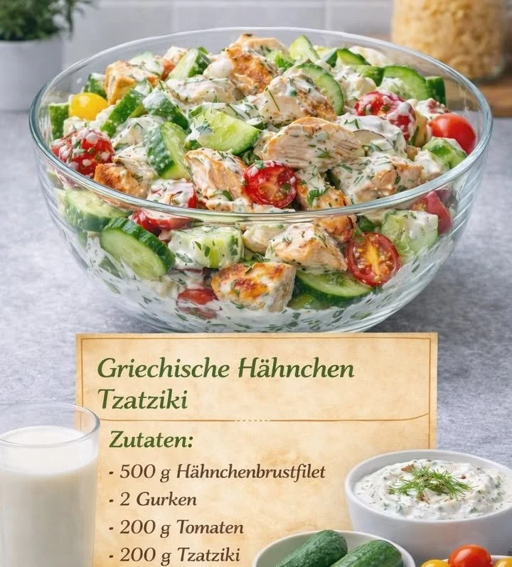 Griechischer Hähnchen-Tzatziki-Salat mit frischem Gemüse und cremigem Tzatziki-Dressing