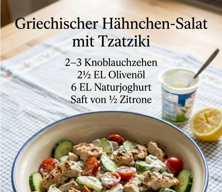 Griechischer Salat mit Hähnchen und Tzatziki auf einem Teller angerichtet.