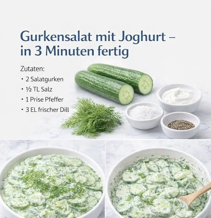 Erfrischender Gurkensalat mit Joghurt in einer Schüssel garniert