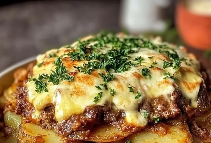 Gyros-Auflauf mit Knoblauch und Sauce Hollandaise auf einem Teller serviert