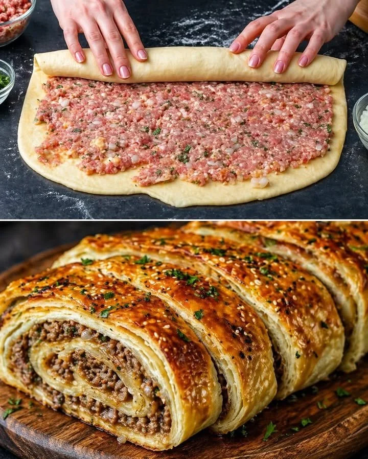 Delicious Hackfleisch-Rolle served on a plate with herbs