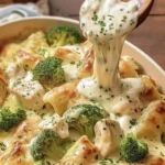 Hähnchen-Brokkoli-Auflauf Alfredo mit Käse überbacken auf einem Teller
