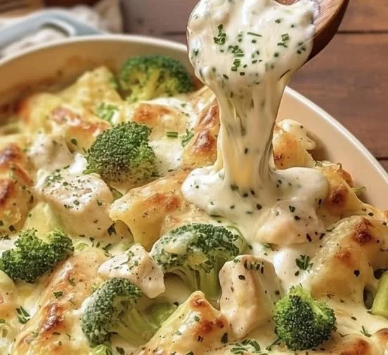 Hähnchen-Brokkoli-Auflauf Alfredo mit Käse überbacken auf einem Teller