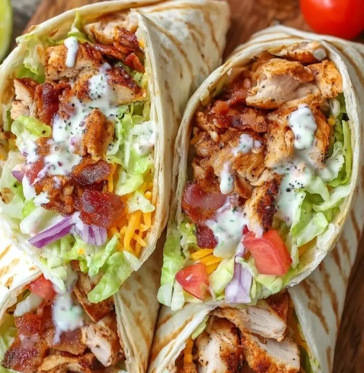 Hähnchen-Chipotle-Wrap mit frischen Zutaten auf einem Holzbrett
