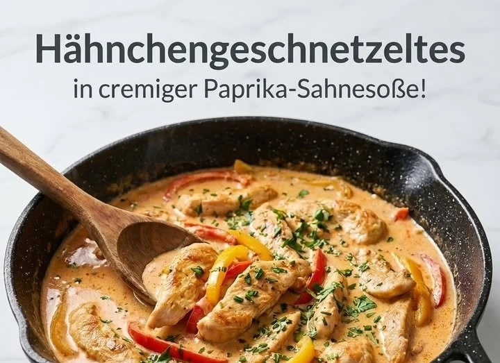 Hähnchengeschnetzeltes in cremiger Paprika-Sahnesoße auf einem Teller serviert.