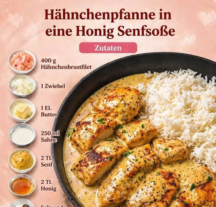 Hähnchenpfanne in Honig-Senf-Sauce auf einem Teller serviert