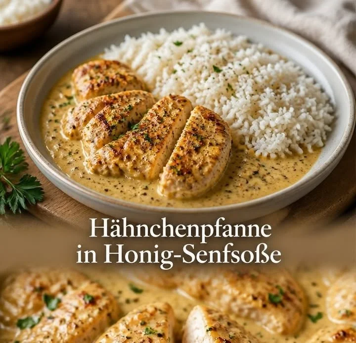 Hähnchenpfanne in Honig-Senfsoße serviert mit Gemüse und Beilage