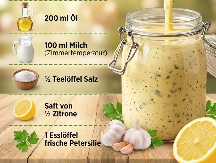 Hausgemachte Knoblauchcreme in einem Glas, ideal zum Dippen und Würzen.