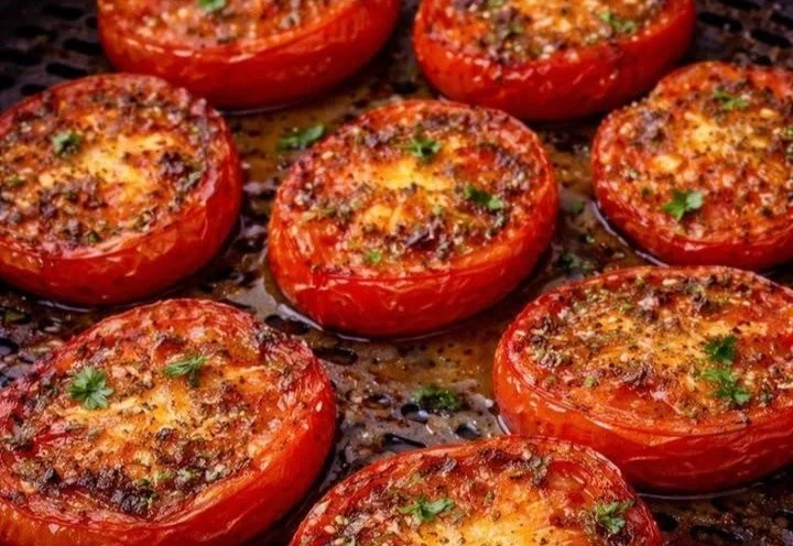 Leckere Heißluftfritteuse-Tomaten frisch zubereitet auf einem Teller