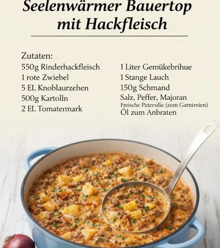Herzhafte Bauernpfanne mit Hackfleisch, Gemüse und Gewürzen in einer großen Pfanne