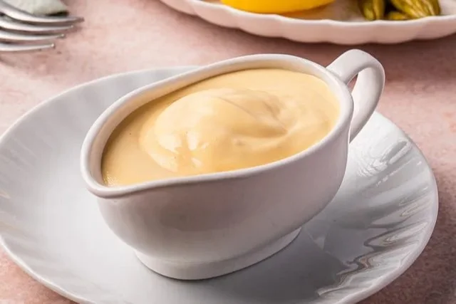Holländische Sauce serviert mit Gemüse und Fisch auf einem eleganten Teller.